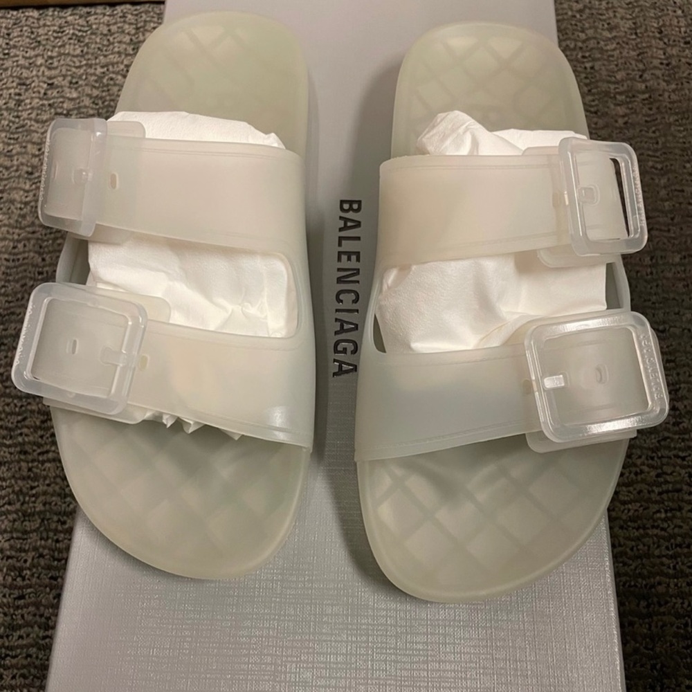 100% Auth BALENCIAGA Mallorca Rubber Transparent Dual-Buckle Slide | US 8/EU 38